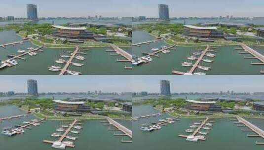 上海滴水湖游艇俱乐部航拍高清在线视频素材下载