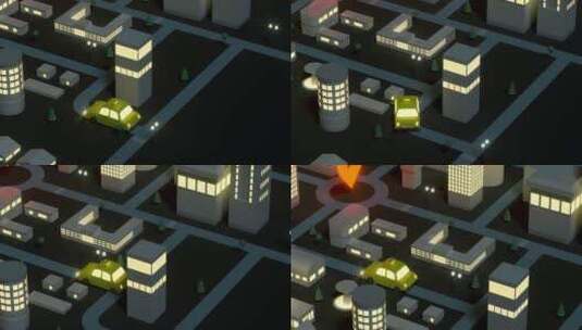 夜晚迷你都市里的出租车 3D渲染高清在线视频素材下载