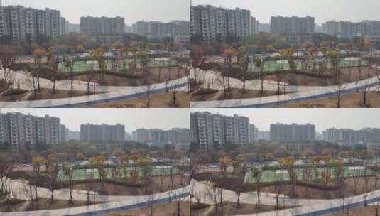 南京九龙湖公园足球场秋天航拍高清在线视频素材下载