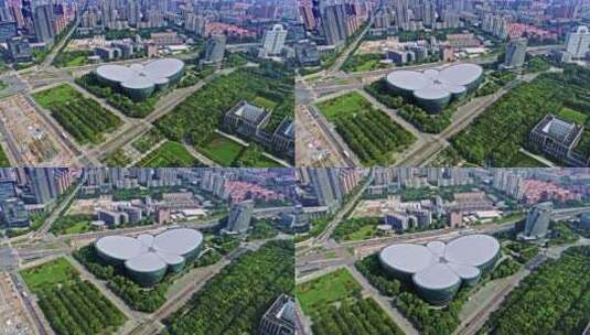 航拍4k上海科技馆世纪公园东方艺术中心高清在线视频素材下载