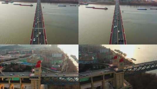 南京长江大桥落日黄昏轮船江轮航拍高清在线视频素材下载