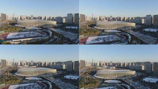 城市航拍济南奥体中心冬天雪景高清在线视频素材下载