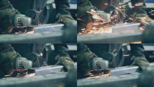 焊接技师正在用锯子切割铁梁高清在线视频素材下载