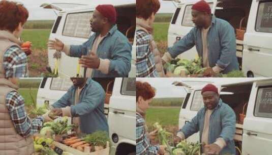 黑人在销售新鲜蔬菜高清在线视频素材下载