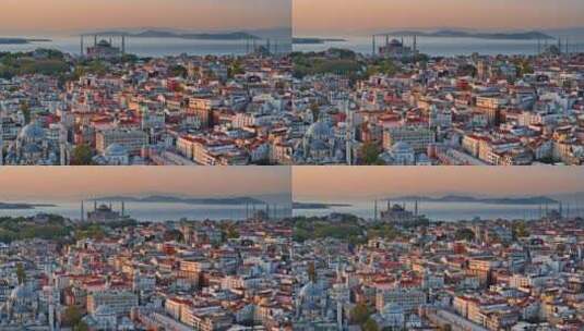 航拍沿海城市的日落美景高清在线视频素材下载