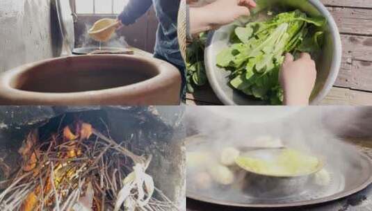 农村烧火洗菜做饭吃饭高清在线视频素材下载