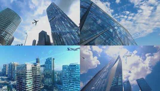 广州地标建筑智慧城市科技感飞机飞过楼顶高清在线视频素材下载