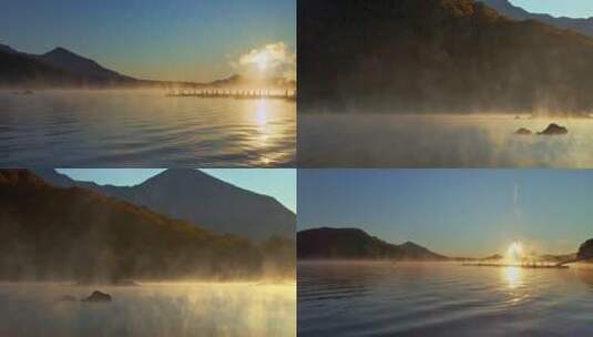 秋季湖面雾气水雾森林雾日出波光粼粼湖面高清在线视频素材下载