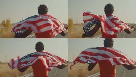 黑人披着美国国旗奔跑高清在线视频素材下载