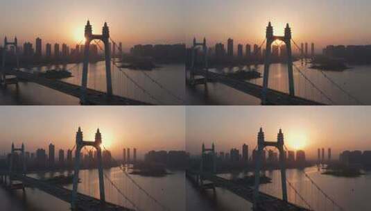 长沙三汊叽大桥清晨日出唯美逆光航拍高清在线视频素材下载