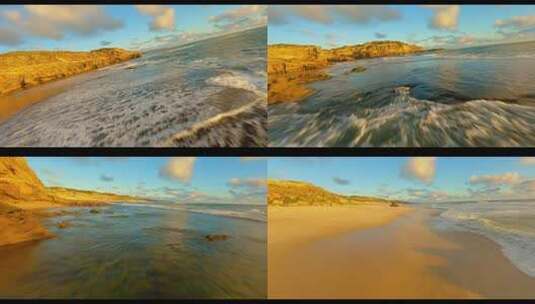 FPV无人机航拍海浪冲击沙滩金色海岸沙滩高清在线视频素材下载