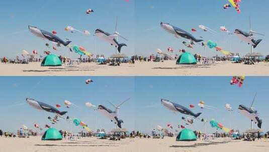 沙滩上的风筝节各种大风筝随风摆动高清在线视频素材下载
