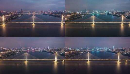 武汉二七长江大桥夜景航拍延时高清在线视频素材下载