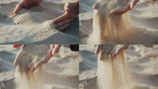 慢动作，关闭：沙子穿过一个年轻女人的手指。沙子正在流淌高清在线视频素材下载