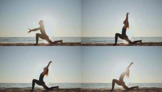 女人清晨在海边练习瑜伽高清在线视频素材下载