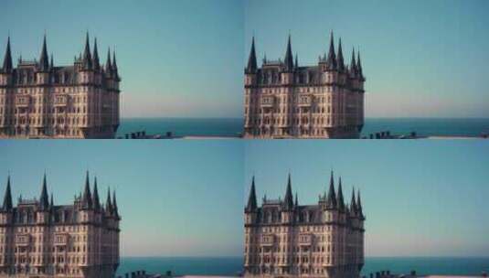 烟台蓬莱文成城堡海岸线空镜欧式建筑展示高清在线视频素材下载