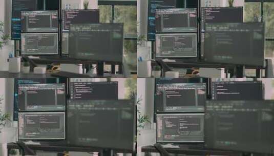 带多屏幕的办公桌，显示数字编程网络高清在线视频素材下载