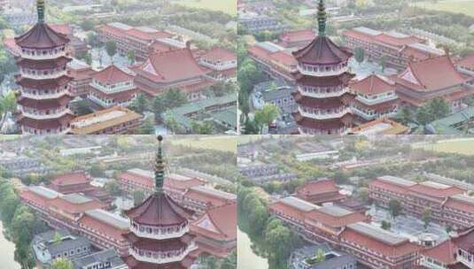 航拍扬州高旻寺运河河道寺庙塔游客全景空景高清在线视频素材下载