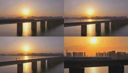 黄昏复兴号高铁经过跨江大桥高清在线视频素材下载