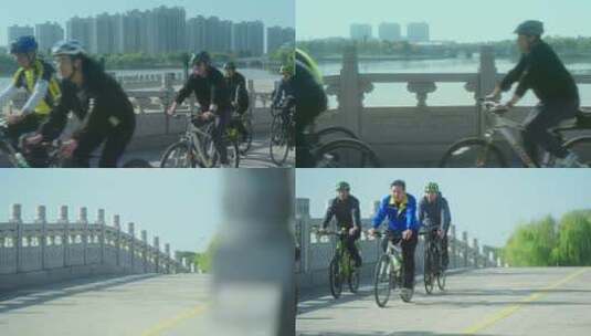 周末公园拱桥上骑自行车休闲的人高清在线视频素材下载