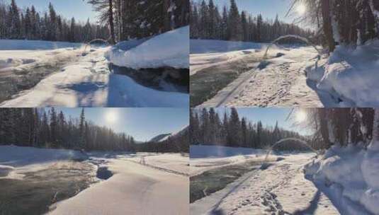 阿勒泰禾木冬季冰雪河流航拍自然户外风景高清在线视频素材下载