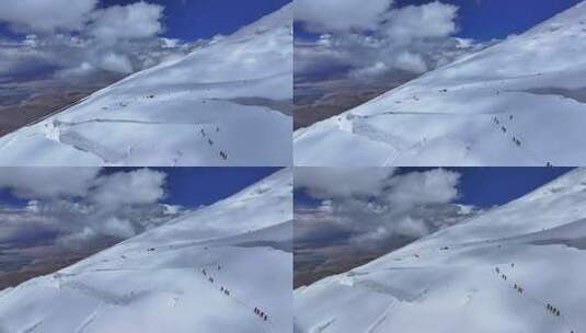 航拍冰川之父慕士塔格峰雪山冰川上的登山队高清在线视频素材下载