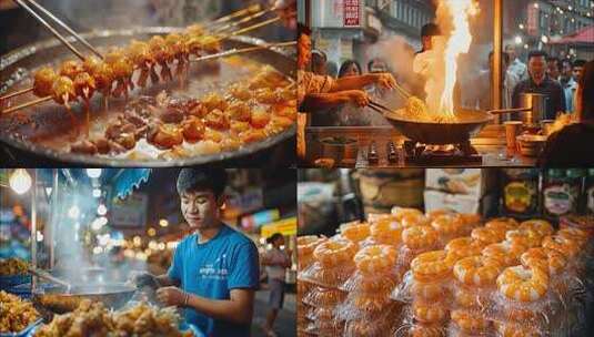 城市夜市烧烤小吃美食街夜生活小吃夜景ai高清在线视频素材下载