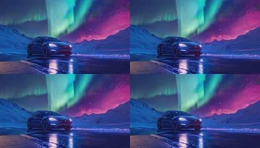 雪山极光下的电动汽车高清在线视频素材下载