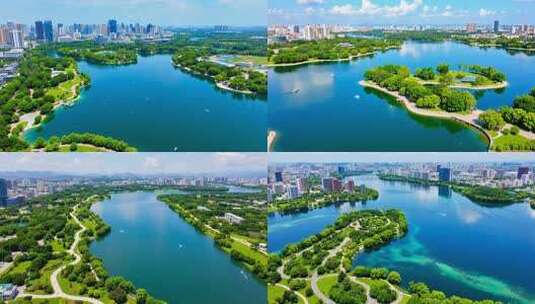 城市公园湖泊航拍全景高清在线视频素材下载