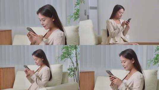 美女居家网上购物刷手机高清在线视频素材下载