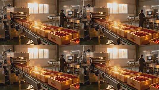 工厂内工人操作水果生产流水线高清在线视频素材下载