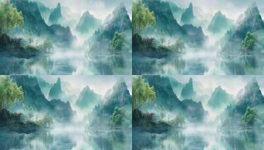 青绿山水动态意境背景高清在线视频素材下载