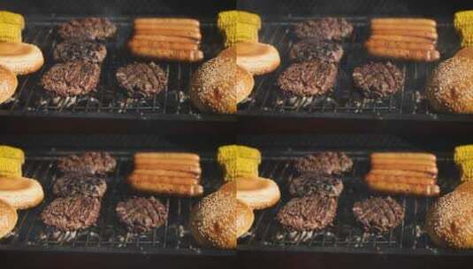 烧烤架上的牛排烤肠等美食高清在线视频素材下载