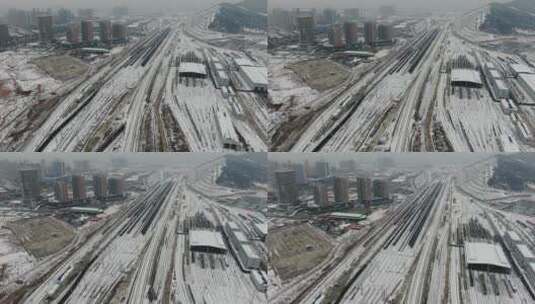 航拍火车轨道冬天雪景高清在线视频素材下载