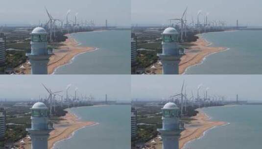 海洋沙滩灯塔风发电大风车02高清在线视频素材下载