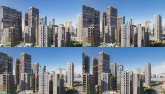 延时航拍杭州滨江城区施工中的现代建筑工地高清在线视频素材下载
