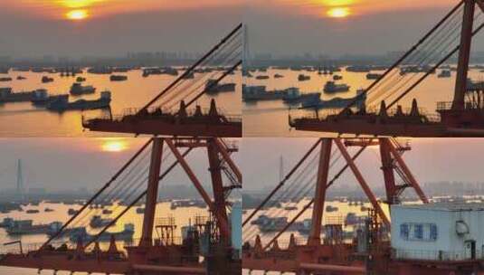 武汉阳逻港，吊机长焦特写带江面船只高清在线视频素材下载