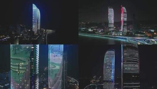 厦门双子塔城市地标演武大桥夜景航拍高清在线视频素材下载