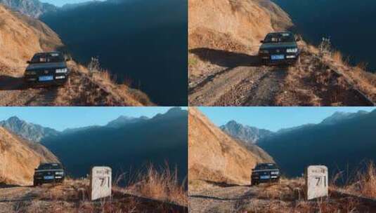 云南贫困山区土石路上黑色轿车高清在线视频素材下载