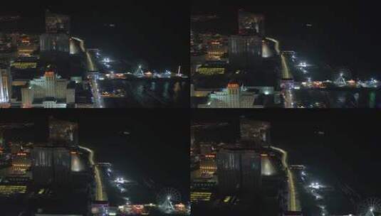 航拍夜晚沿海城市景色高清在线视频素材下载