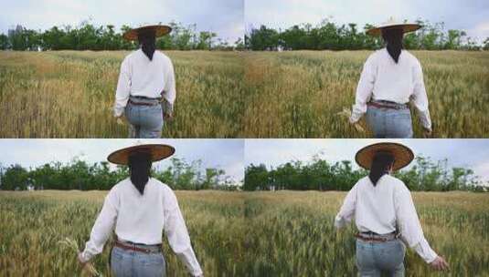 中年女性农民走在小麦田里高清在线视频素材下载