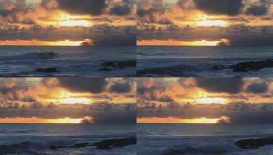 清晨海边日出海浪翻滚大海阳光光线穿过云层高清在线视频素材下载