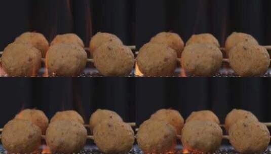 烤丸子火的特写高清在线视频素材下载