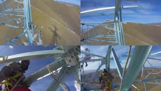 4K西藏5200雪山铁塔组立第一视角横担就位05高清在线视频素材下载