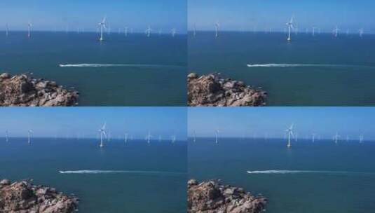 快艇行驶在风车海中4K航拍高清在线视频素材下载