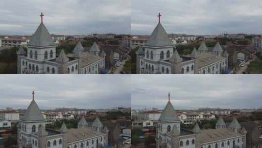 航拍山东蓬莱沿海城市教堂城镇风光高清在线视频素材下载