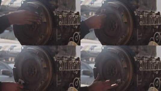 手工打磨机械清洗磨损的飞轮齿轮高清在线视频素材下载