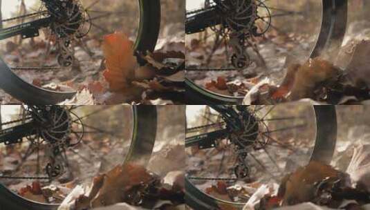 自行车轮在干树叶上快速转动骑行高清在线视频素材下载