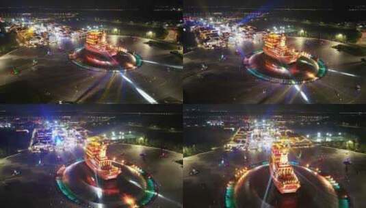 西安沣东昆明池公园夜景航拍高清在线视频素材下载