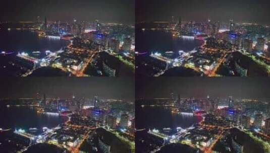 中国山东青岛五四广场城市夜景灯光秀航拍高清在线视频素材下载